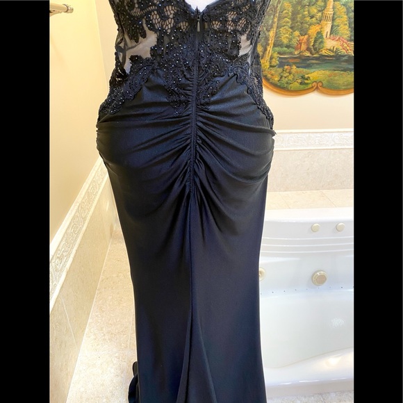 NEW Sexy La Femme Gorgeous Black Lace with Rhinestones Illusion Fitted Gown 12 - Picture 12 of 16